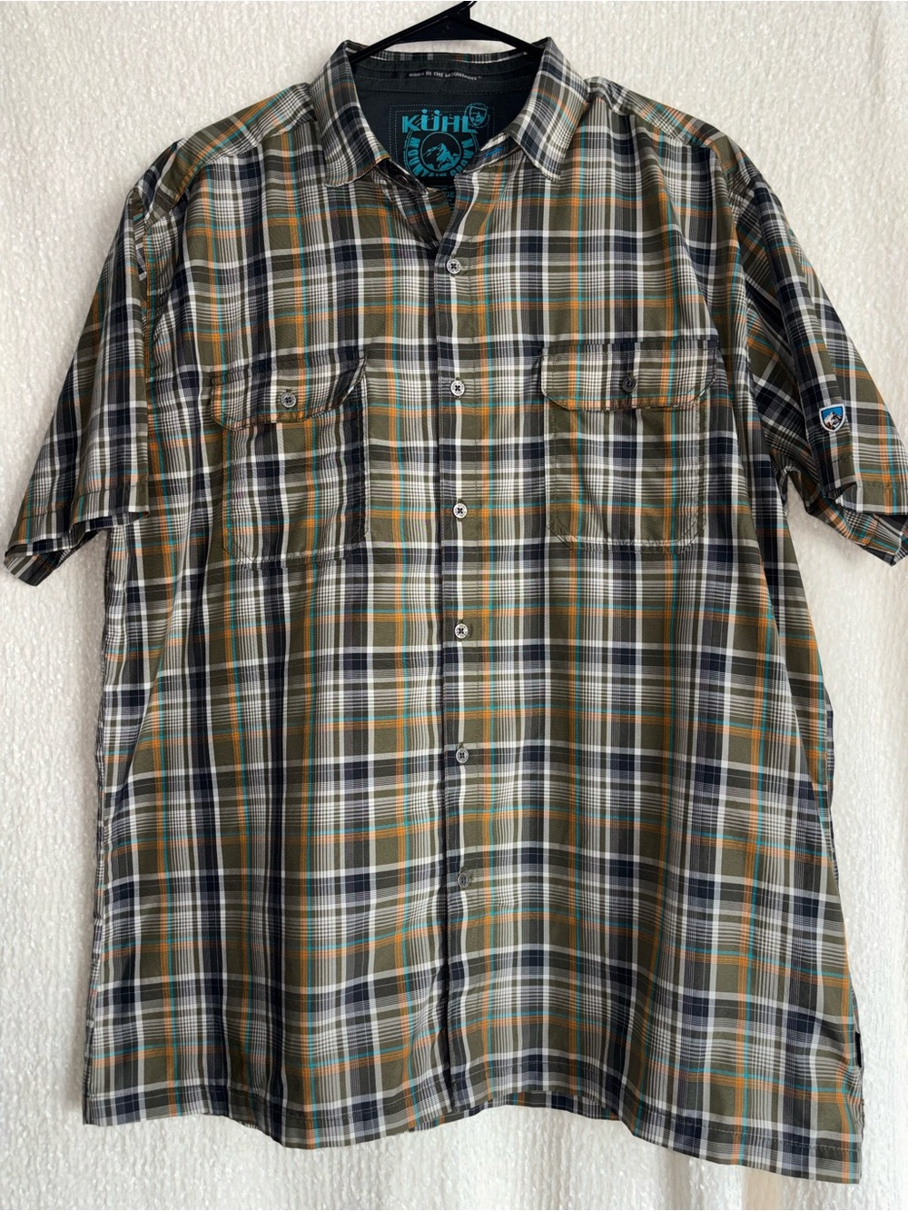 Kuhl Men's Short-Sleeve Plaid Button-Down Shirt in Green, Gray, Tan